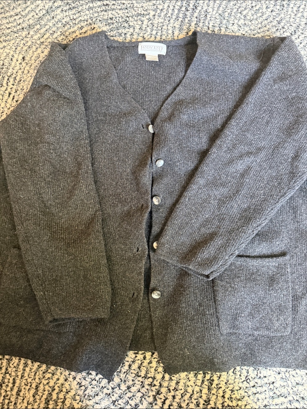 Vintage Lands’ End 100% Lambswool Cardigan Women’s M (10-12) Black Pocket